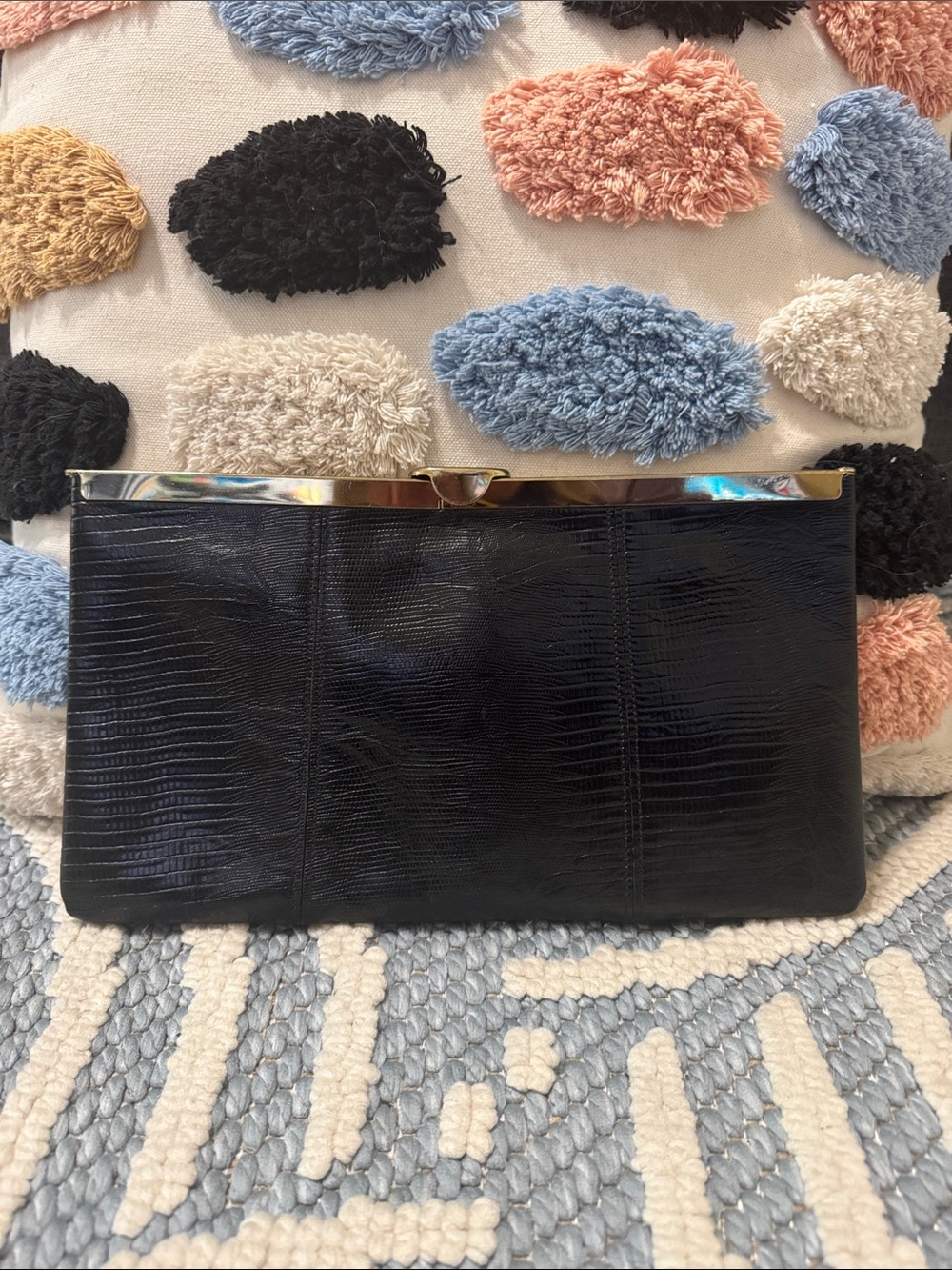 Vintage 1960s ETRA Black Lizard Embossed Leather Chain Clutch